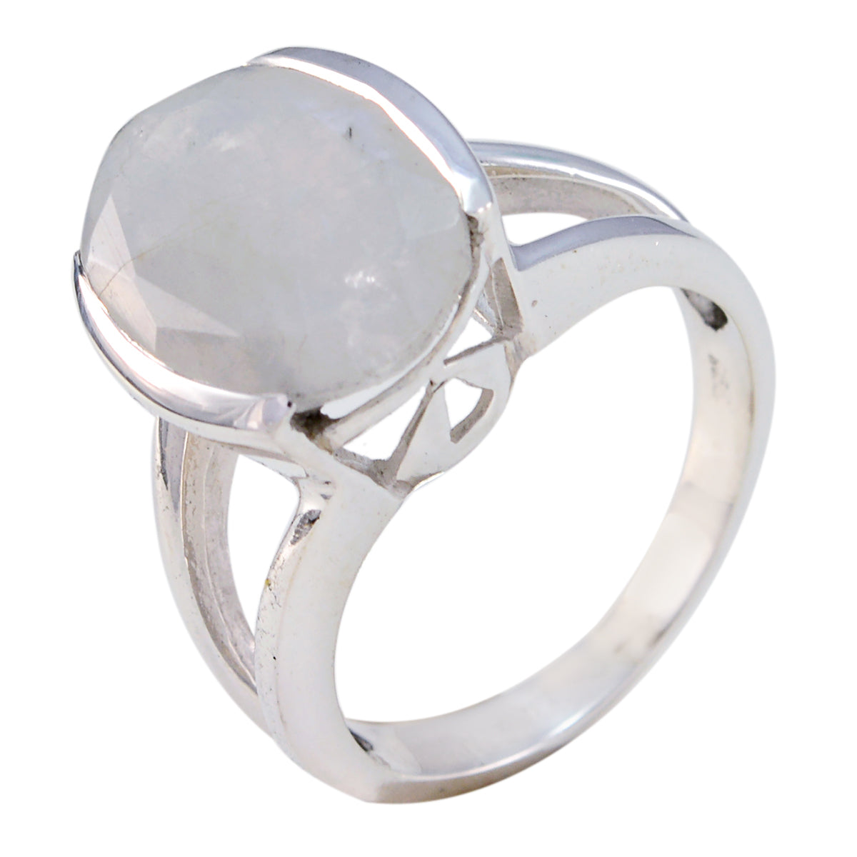 Rainbow Moonstone Solitaire French 92.5 Silver White Gemstone Mid weight Graceful Ring Jewelry