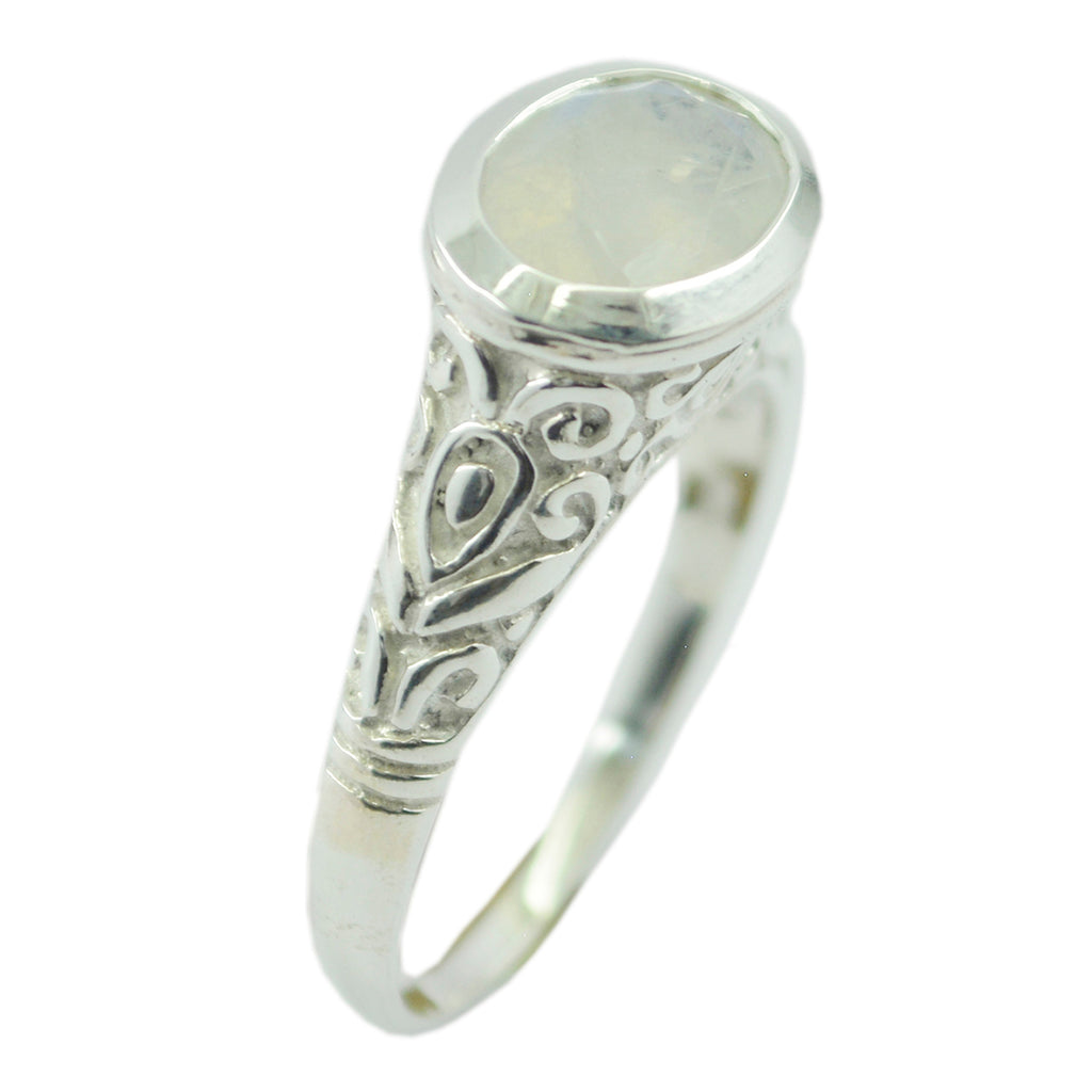Rainbow Moonstone Solitaire Indian 92.5 Silver White Gems Minimal Art Deco Ring Jewellery