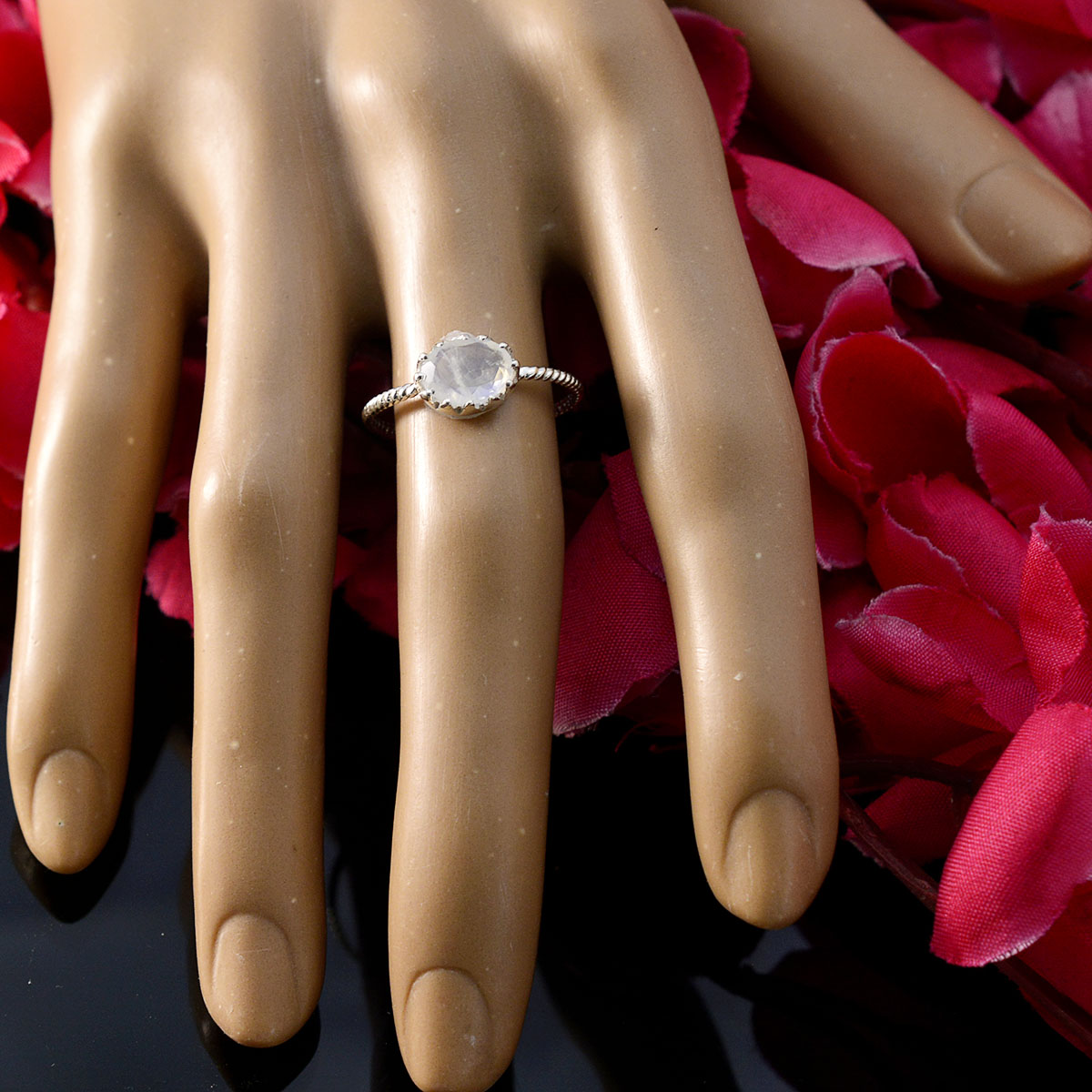 Rainbow Moonstone Solitaire Turkish 925 Silver White Gemstones Elegant  Twist Ring Jewellery