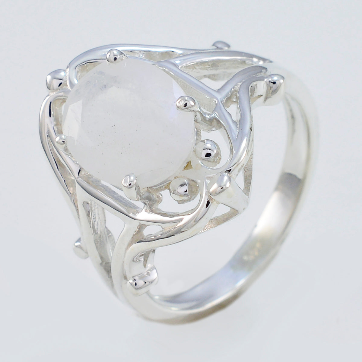 Rainbow Moonstone Solitaire Moroccan Silver White Gemstones Tiny Modern Ring Jewellery