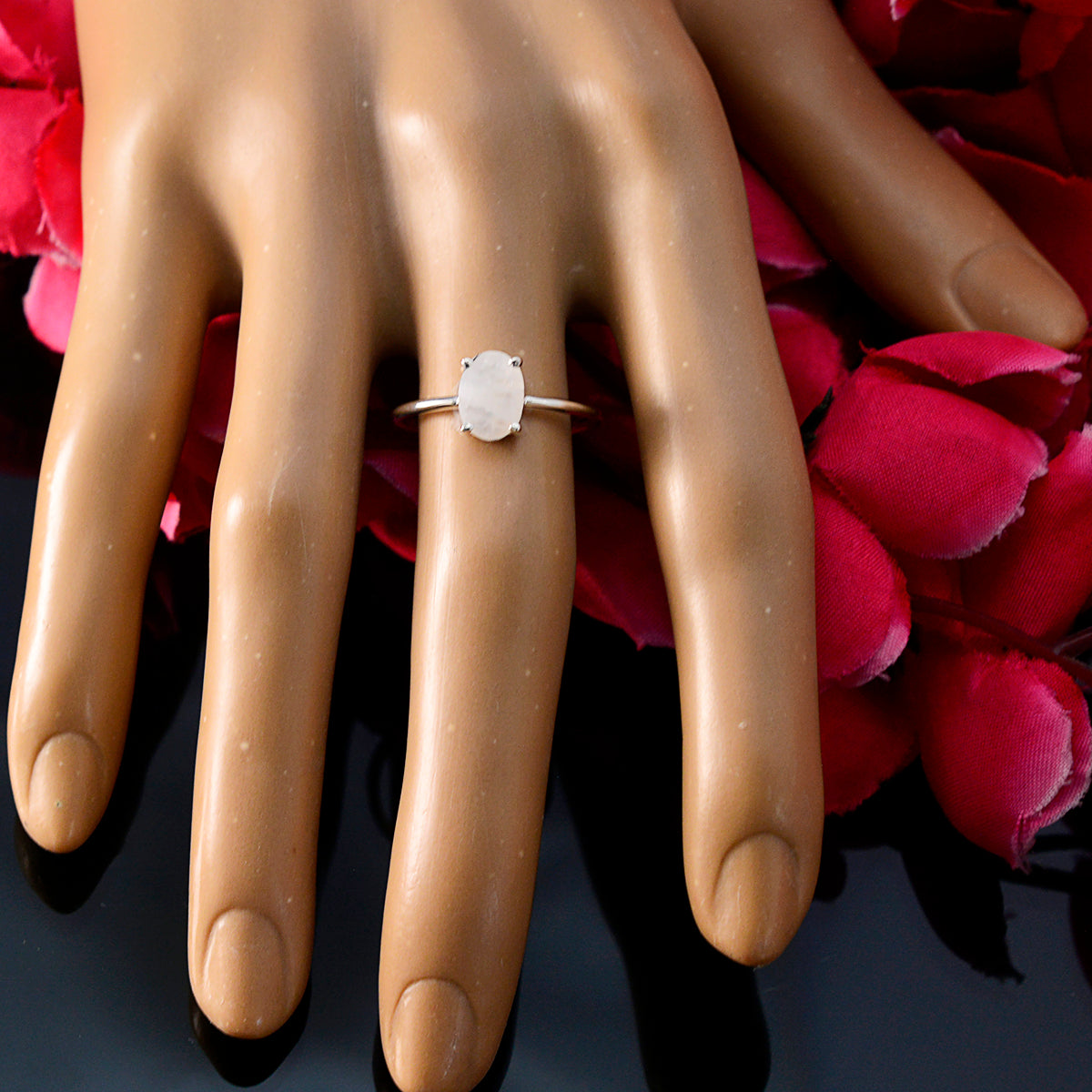 Rainbow Moonstone Solitaire Korean Silver White Gemstones Elegant  Sophisticated Ring Jewelry
