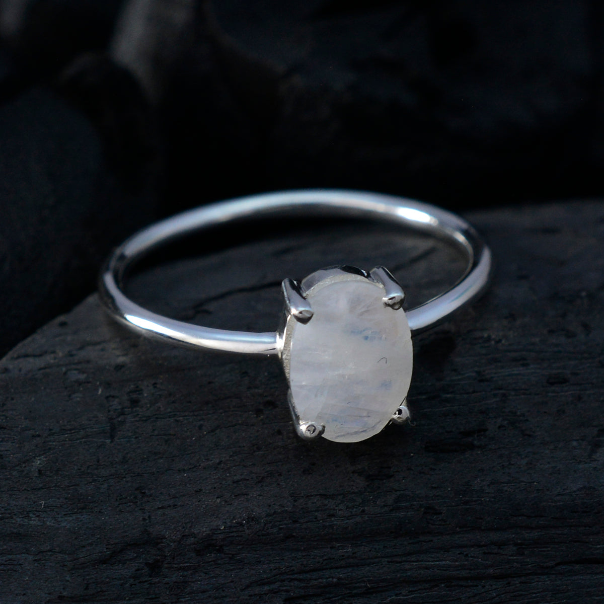 Rainbow Moonstone Solitaire Korean Silver White Gemstones Elegant  Sophisticated Ring Jewelry
