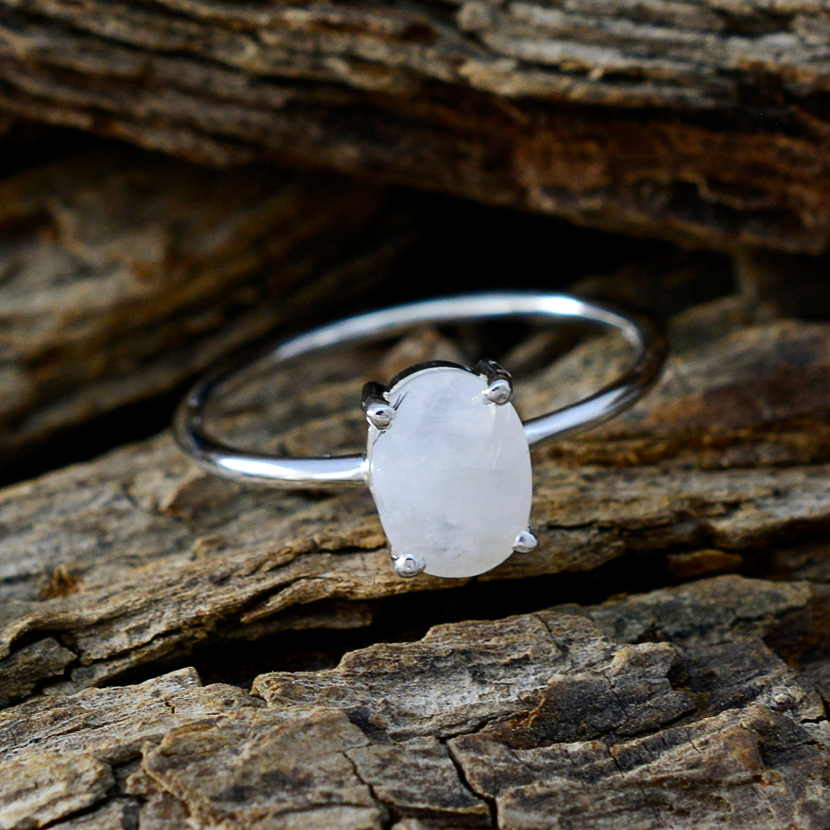 Rainbow Moonstone Solitaire Korean Silver White Gemstones Elegant  Sophisticated Ring Jewelry