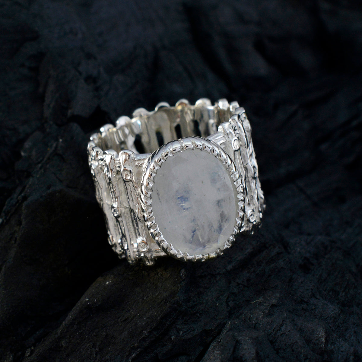 Rainbow Moonstone Solitaire African Sterling Silver White Gems Edgy Armor Band Jewellery