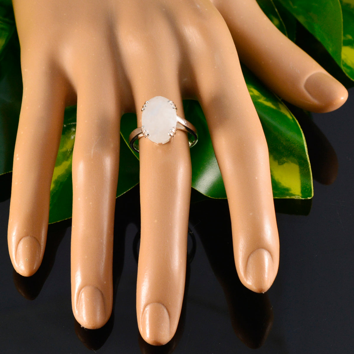 Rainbow Moonstone Solitaire French Silver White Gemstone Tiny Contemporary Ring Jewelry