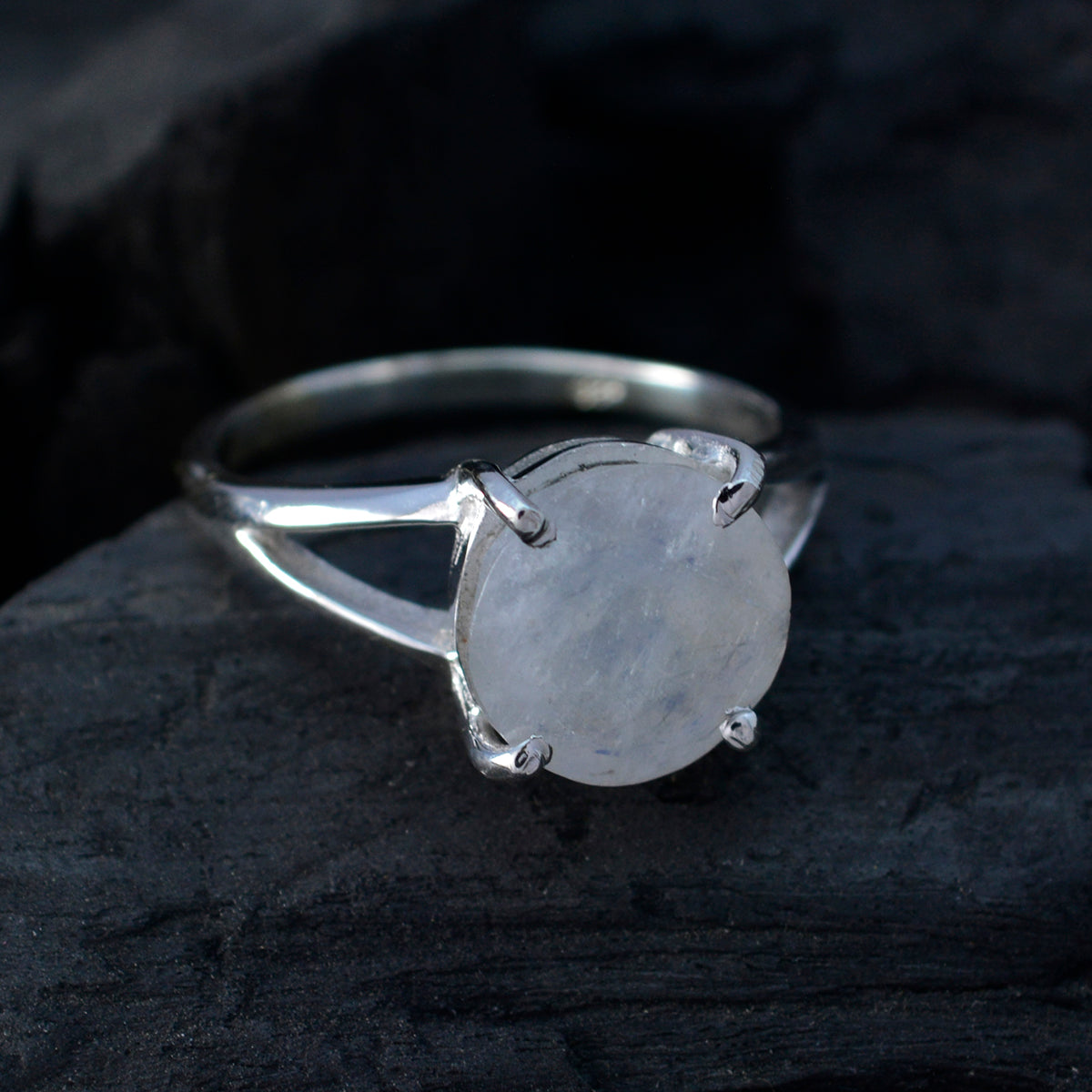 Rainbow Moonstone Solitaire Korean Sterling Silver White Gemstone Whisper thin Luxurious Ring Jewellery