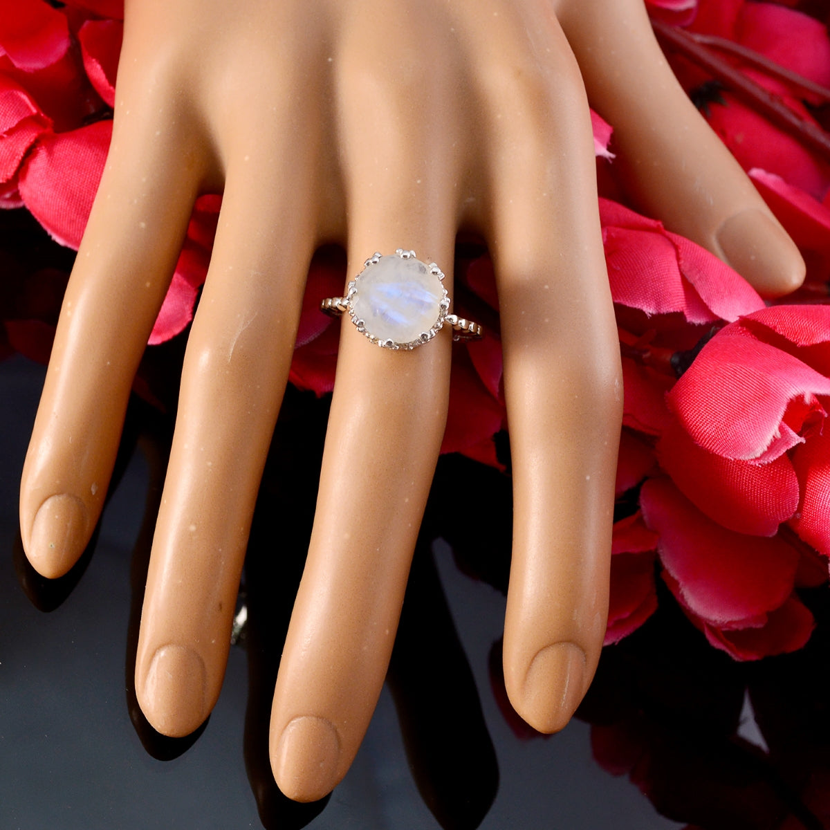 Rainbow Moonstone Solitaire German Silver White Gemstones Slim Trendy Ring Jewellery