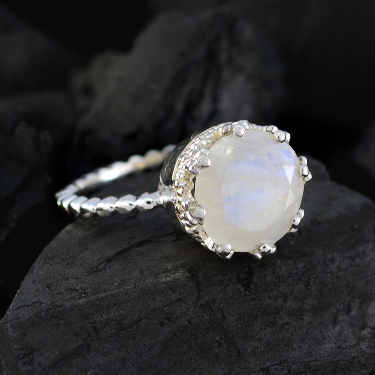 Rainbow Moonstone Solitaire German Silver White Gemstones Slim Trendy Ring Jewellery