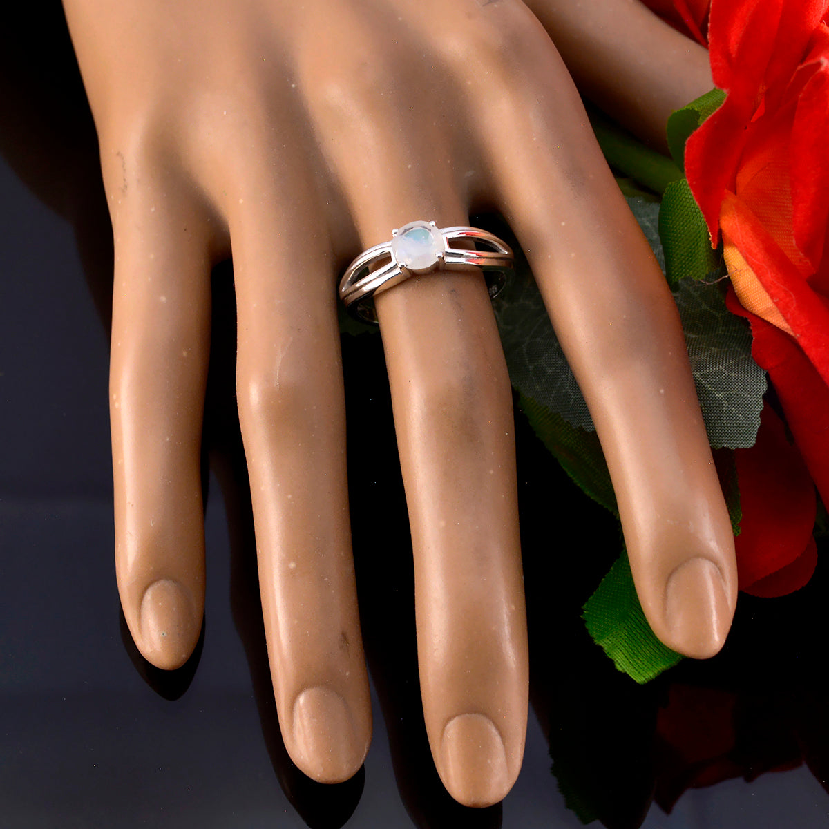 Rainbow Moonstone Solitaire Turkish 92.5 Silver White Gemstone Dainty Romantic Ring Jewellery