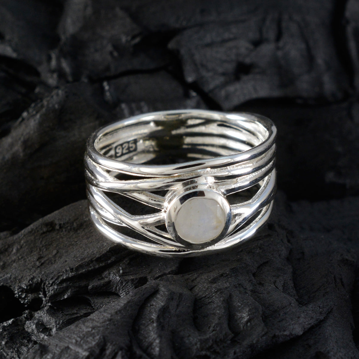 Rainbow Moonstone Solitaire Latin American 92.5 Silver White Gemstones Eye catching Rope Wire Band Jewelry