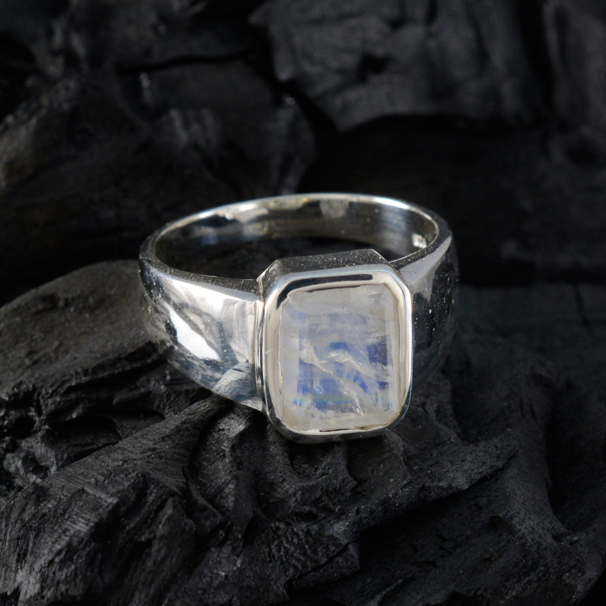 Rainbow Moonstone Solitaire French 925 Sterling Silver White Gemstone Eye catching Modern Ring Jewelry