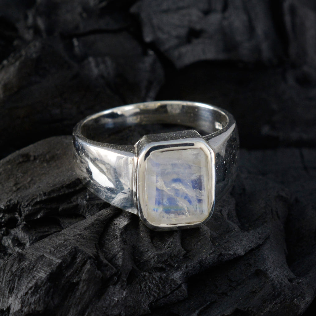 Rainbow Moonstone Solitaire French 925 Sterling Silver White Gemstone Eye catching Modern Ring Jewelry