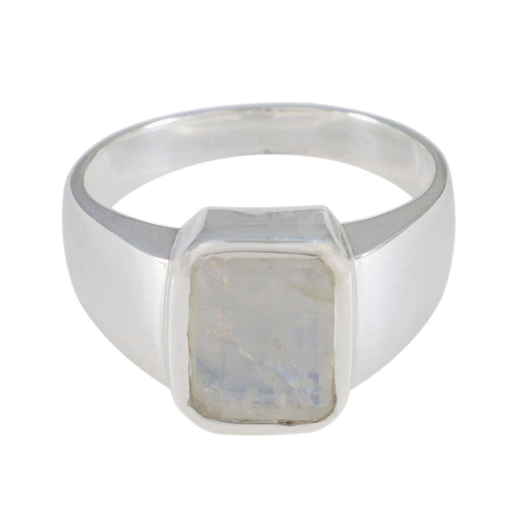 Rainbow Moonstone Solitaire French 925 Sterling Silver White Gemstone Eye catching Modern Ring Jewelry