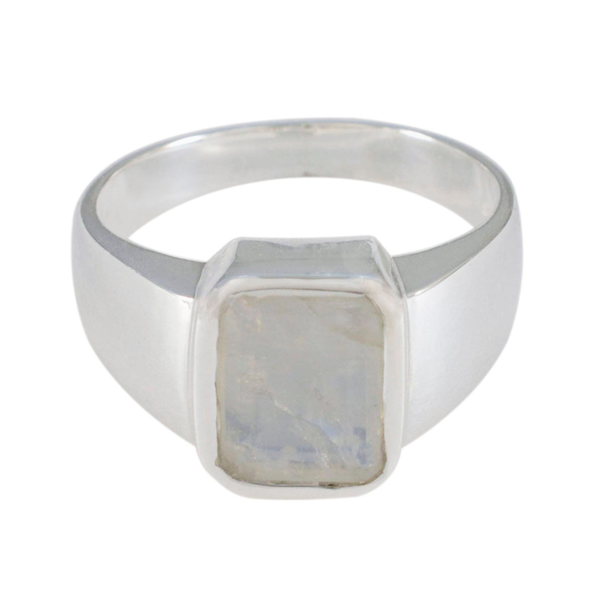 Rainbow Moonstone Solitaire French 925 Sterling Silver White Gemstone Eye catching Modern Ring Jewelry