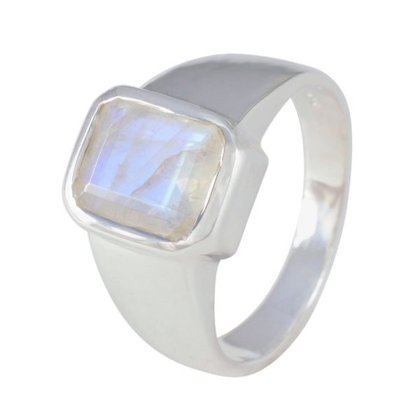 Rainbow Moonstone Solitaire French 925 Sterling Silver White Gemstone Eye catching Modern Ring Jewelry
