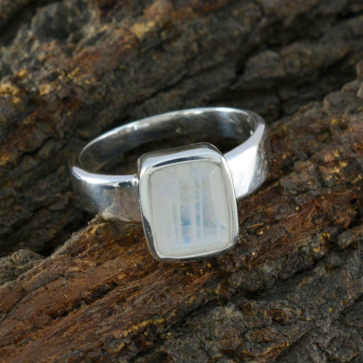 Rainbow Moonstone Solitaire African 925 Sterling Silver White Gems Slim Modern Ring Jewellery