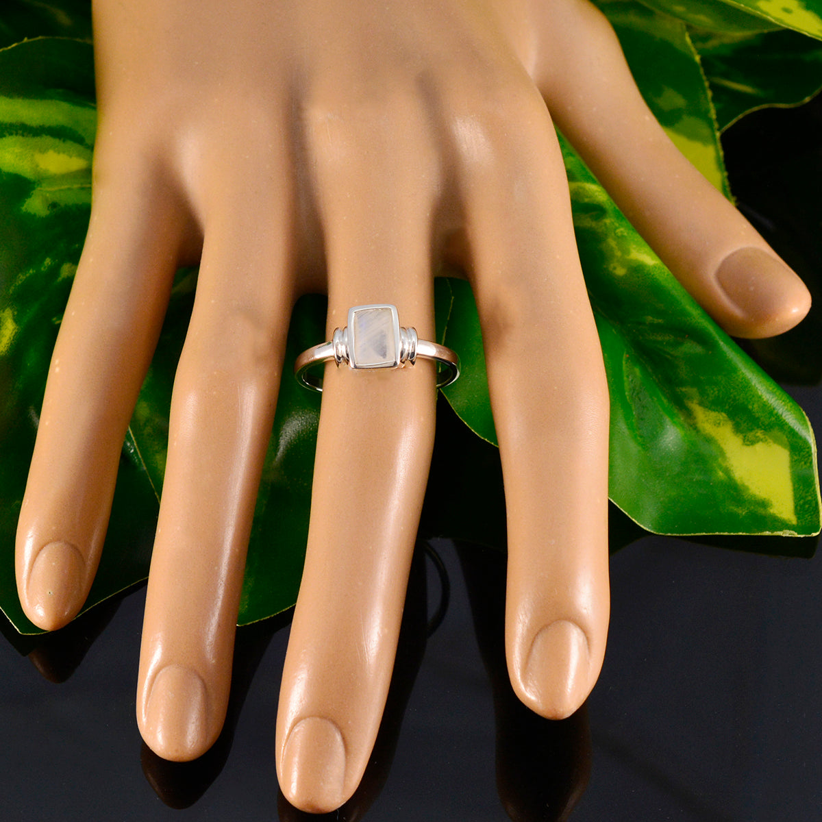 Rainbow Moonstone Solitaire Turkish 925 Silver White Gemstone Whisper thin Sophisticated Ring Jewelry