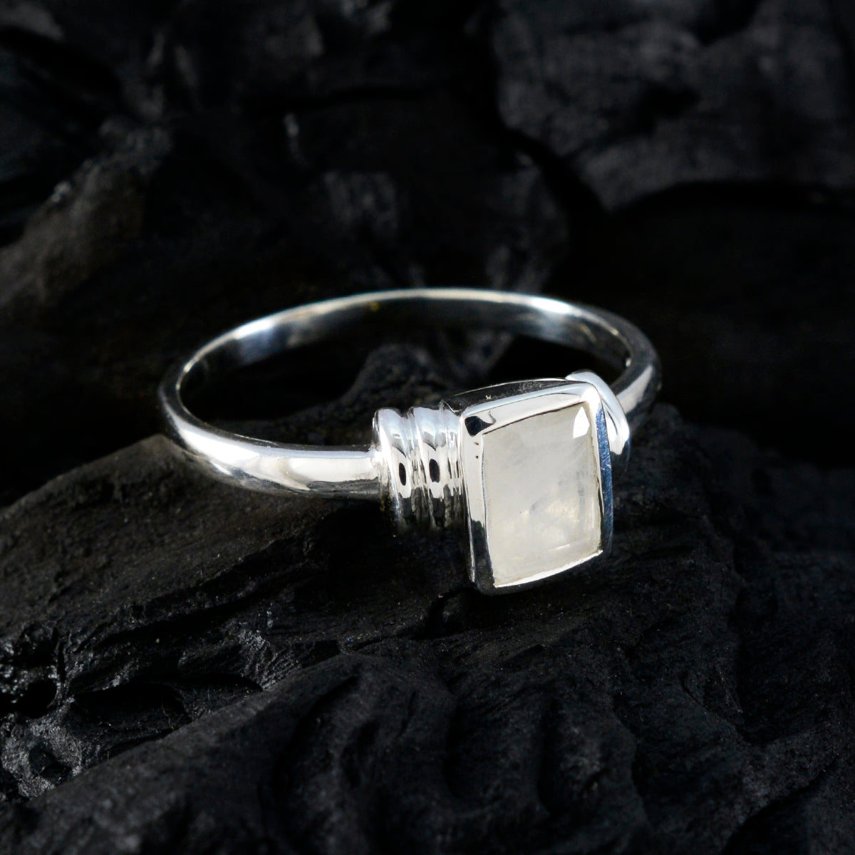 Rainbow Moonstone Solitaire Turkish 925 Silver White Gemstone Whisper thin Sophisticated Ring Jewelry