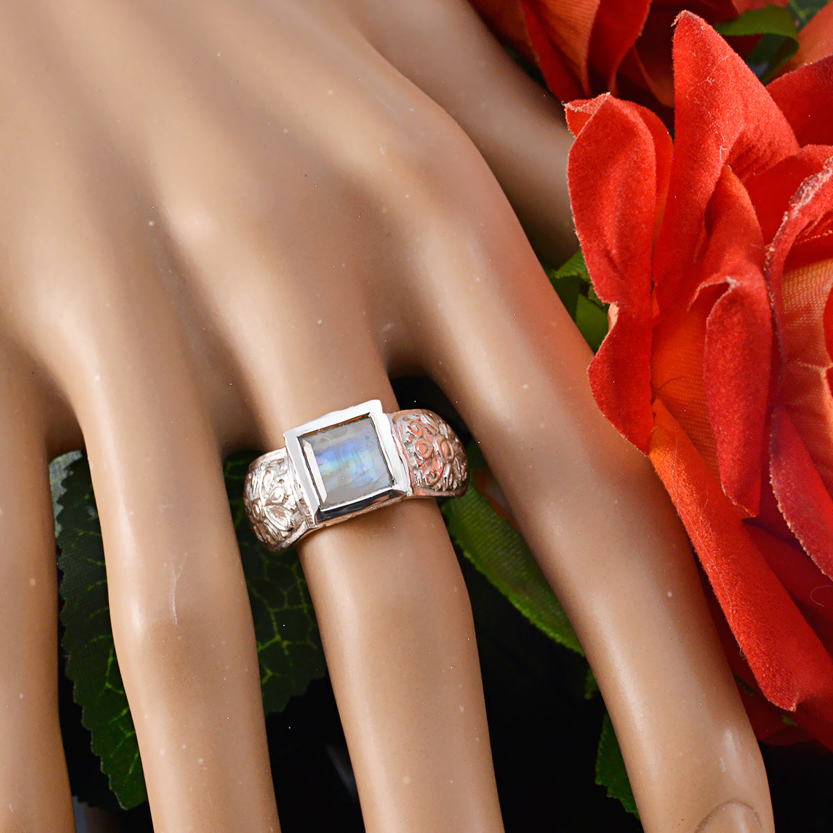 Rainbow Moonstone Solitaire Russian 925 Sterling Silver White Gems Eye catching Art Deco Ring Jewelry