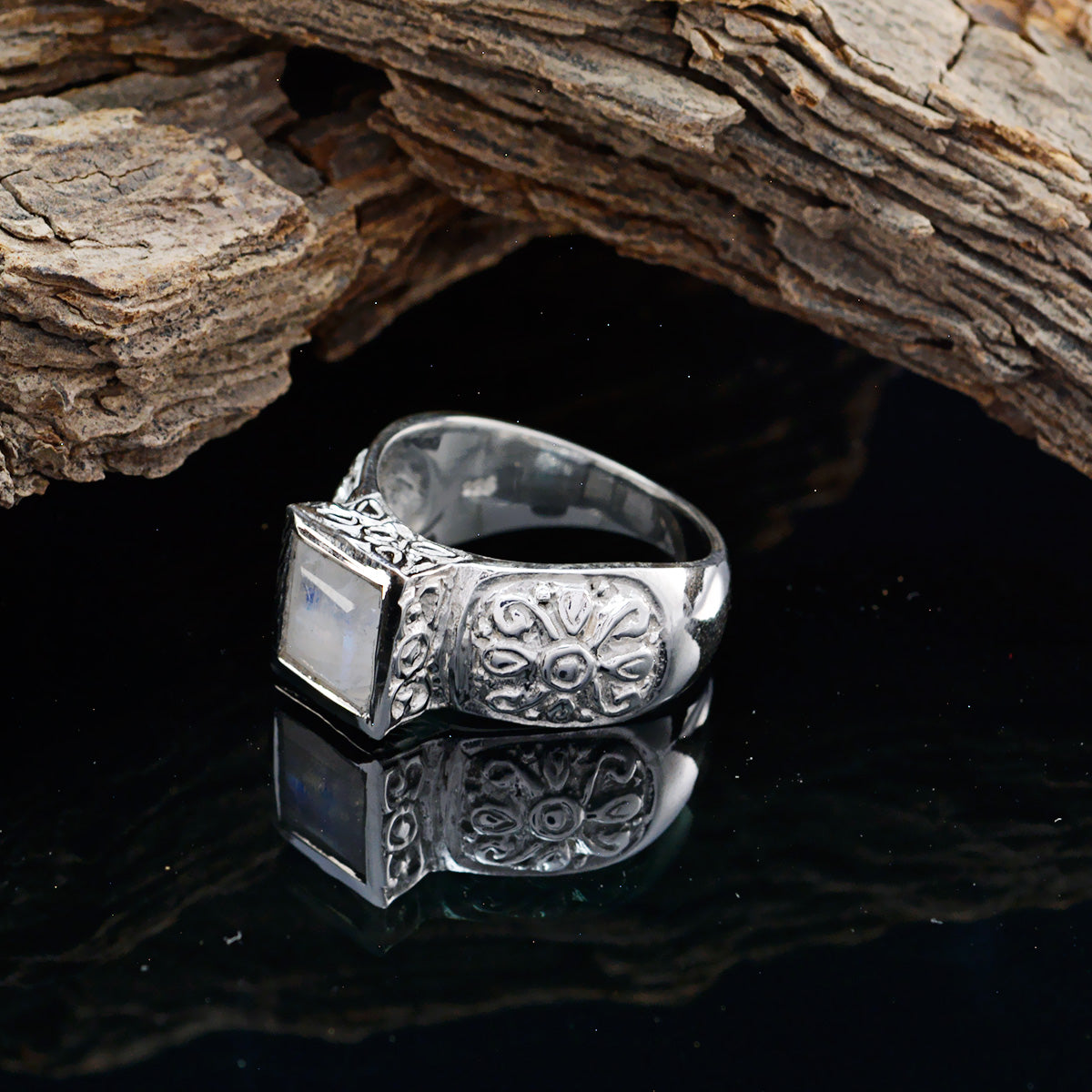 Rainbow Moonstone Solitaire Russian 925 Sterling Silver White Gems Eye catching Art Deco Ring Jewelry