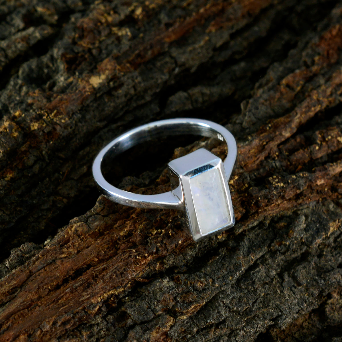 Rainbow Moonstone Solitaire German 92.5 Silver White Gemstone Slim Trendy Ring Jewelry