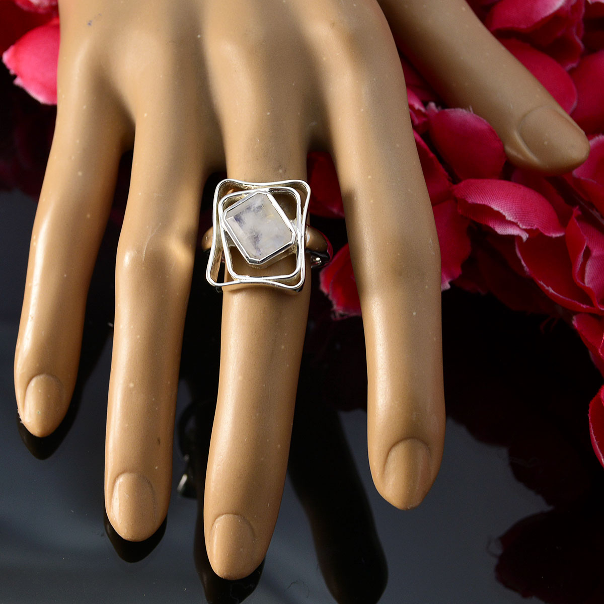 Rainbow Moonstone Solitaire Russian 925 Sterling Silver White Gemstone Mid weight Signet Ring Jewelry