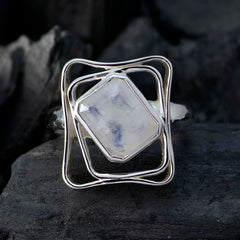 Rainbow Moonstone Solitaire Russian 925 Sterling Silver White Gemstone Mid weight Signet Ring Jewelry