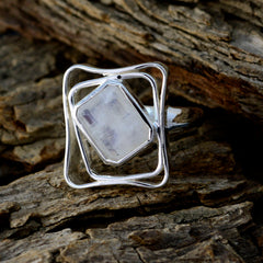 Rainbow Moonstone Solitaire Russian 925 Sterling Silver White Gemstone Mid weight Signet Ring Jewelry