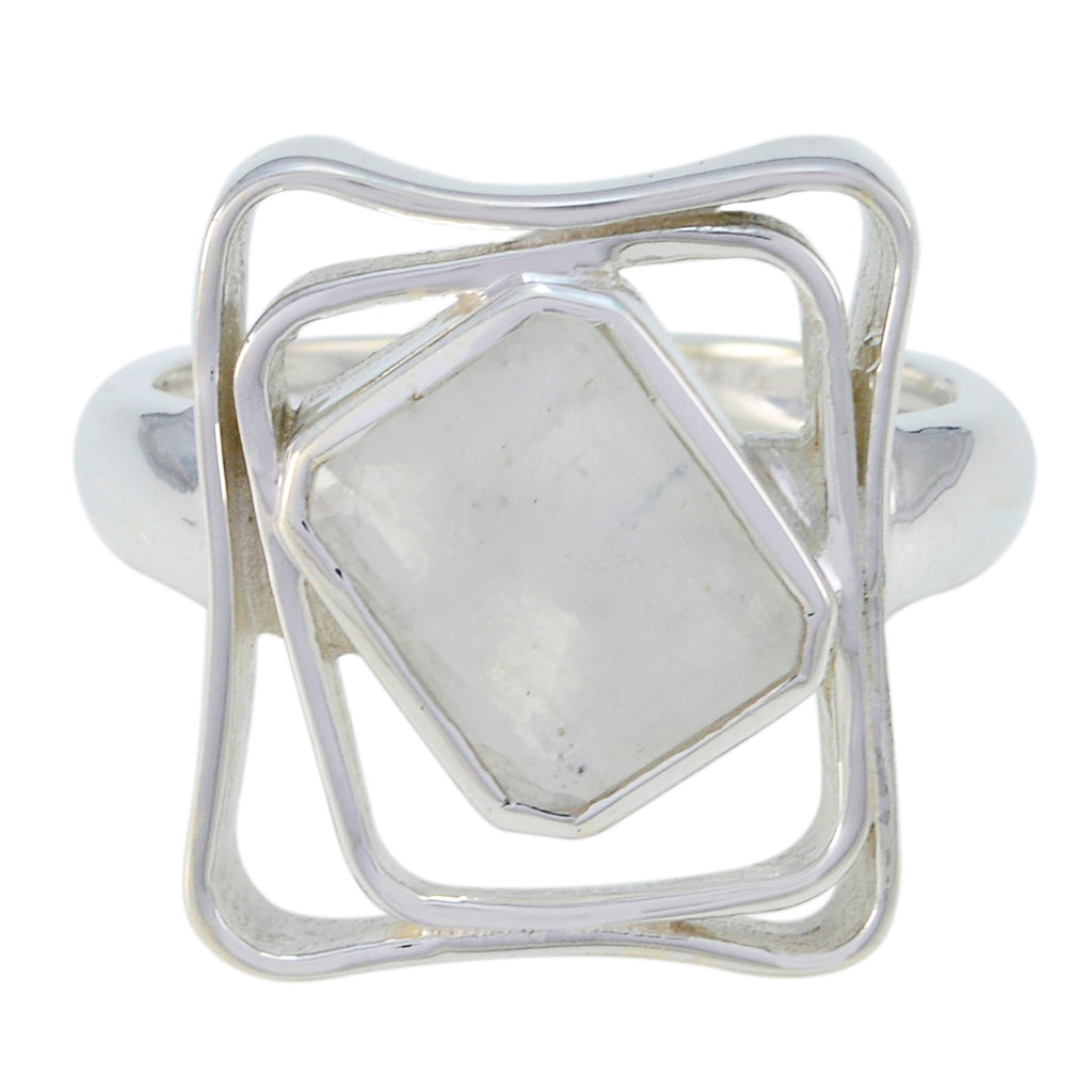 Rainbow Moonstone Solitaire Russian 925 Sterling Silver White Gemstone Mid weight Signet Ring Jewelry