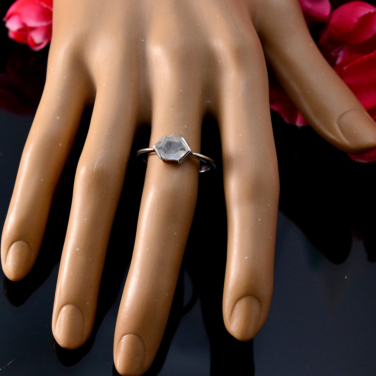 Rainbow Moonstone Solitaire American 925 Silver White Gems Dainty Boho Ring Jewellery