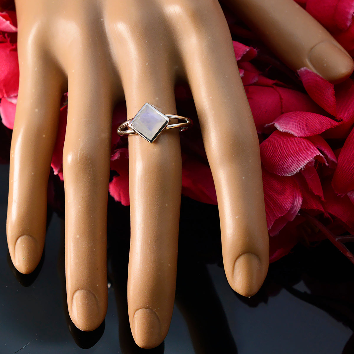 Rainbow Moonstone Solitaire Turkish 925 Silver White Gems Dainty Feminine Ring Jewelry