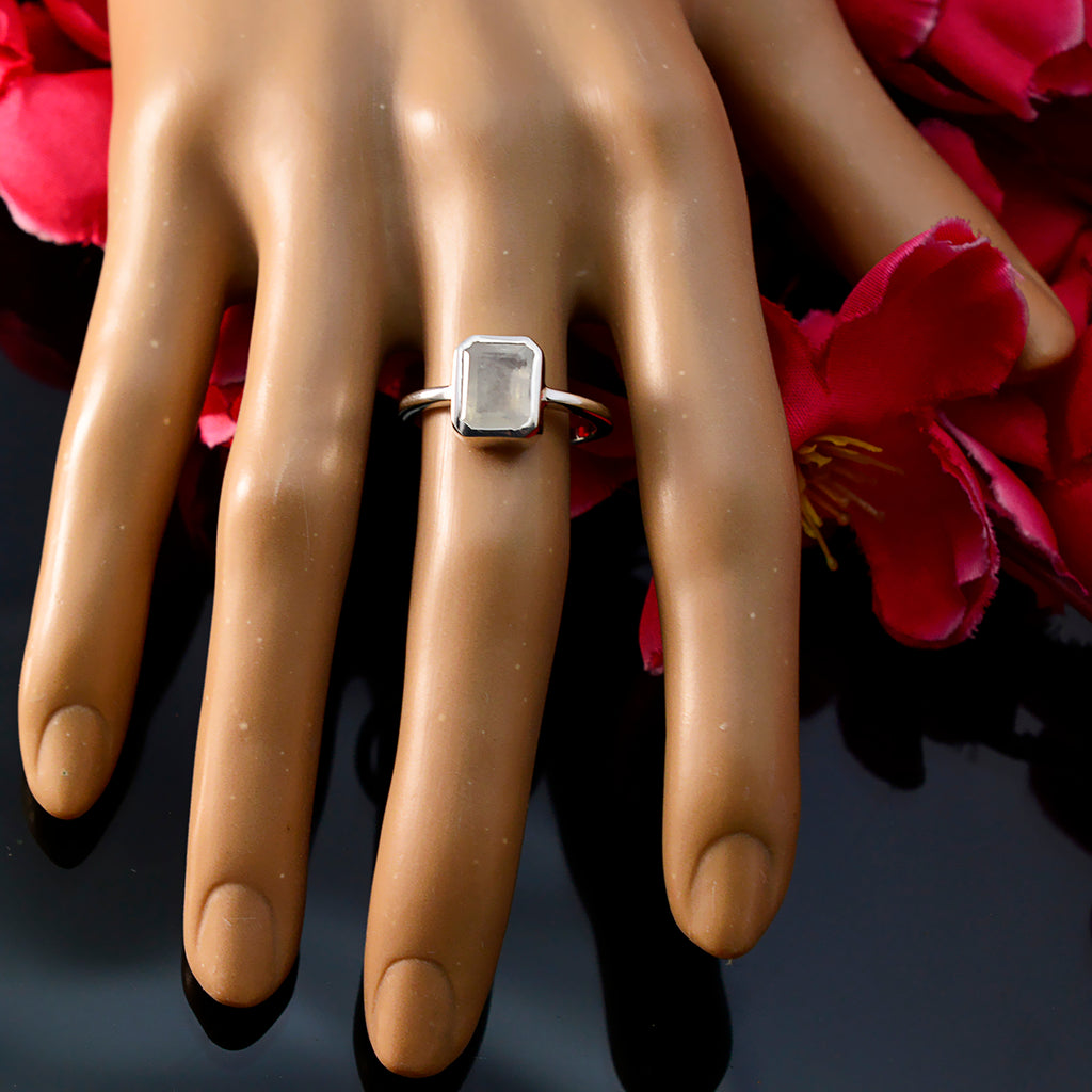 Rainbow Moonstone Solitaire Japanese Silver White Gems Whisper thin Boho Ring Jewelry