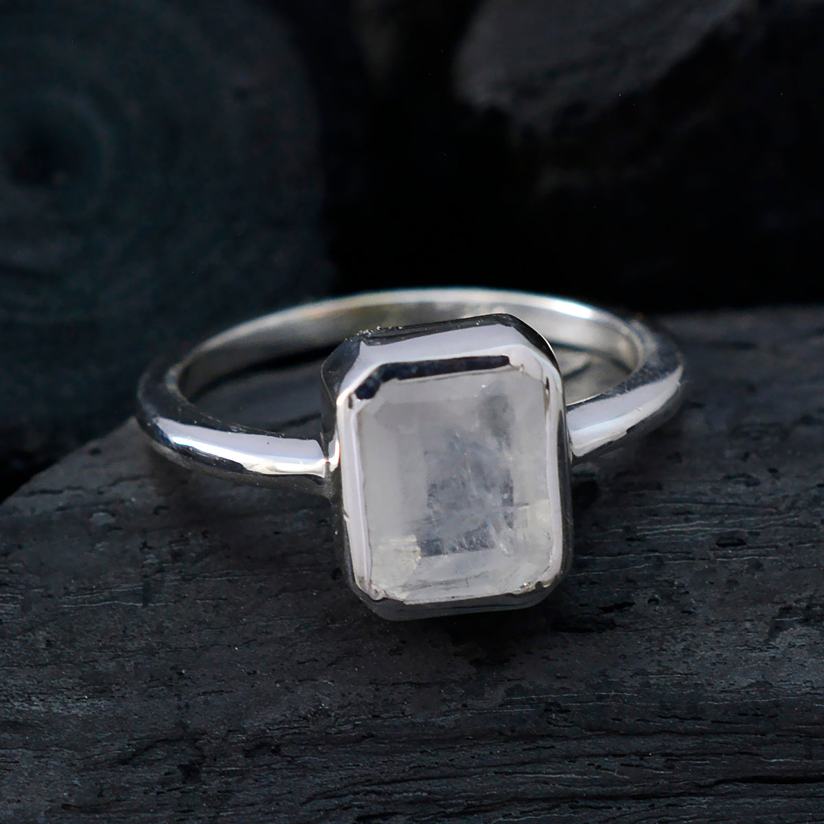 Rainbow Moonstone Solitaire Japanese Silver White Gems Whisper thin Boho Ring Jewelry