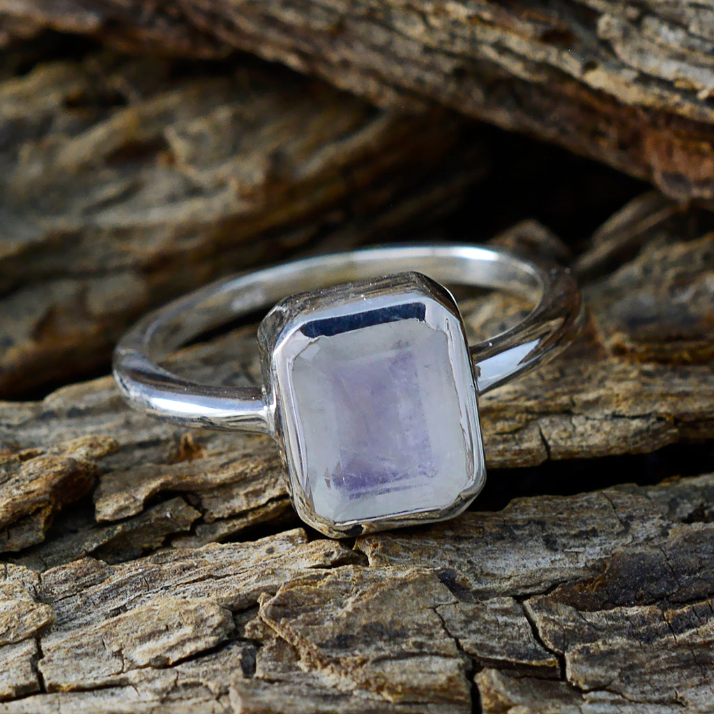 Rainbow Moonstone Solitaire Japanese Silver White Gems Whisper thin Boho Ring Jewelry