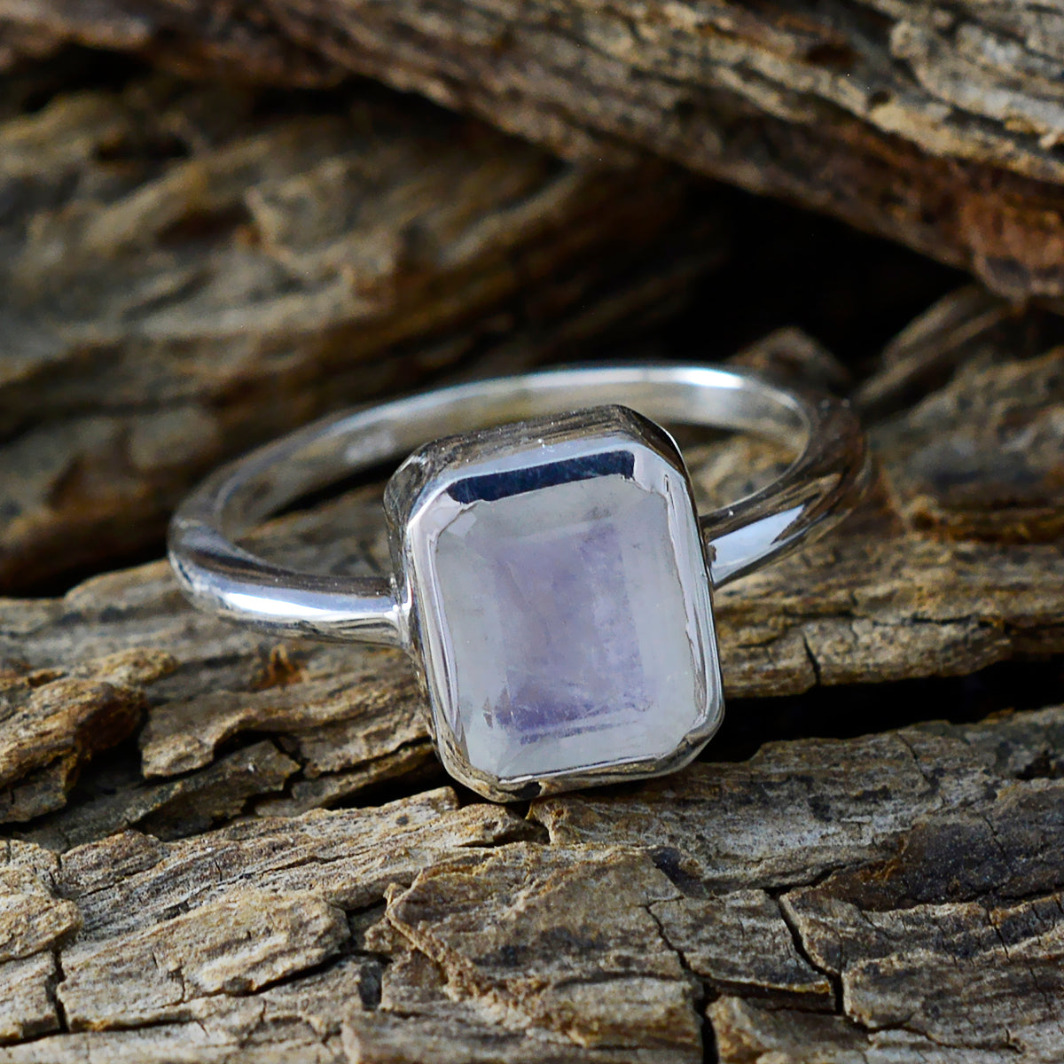 Rainbow Moonstone Solitaire Japanese Silver White Gems Whisper thin Boho Ring Jewelry