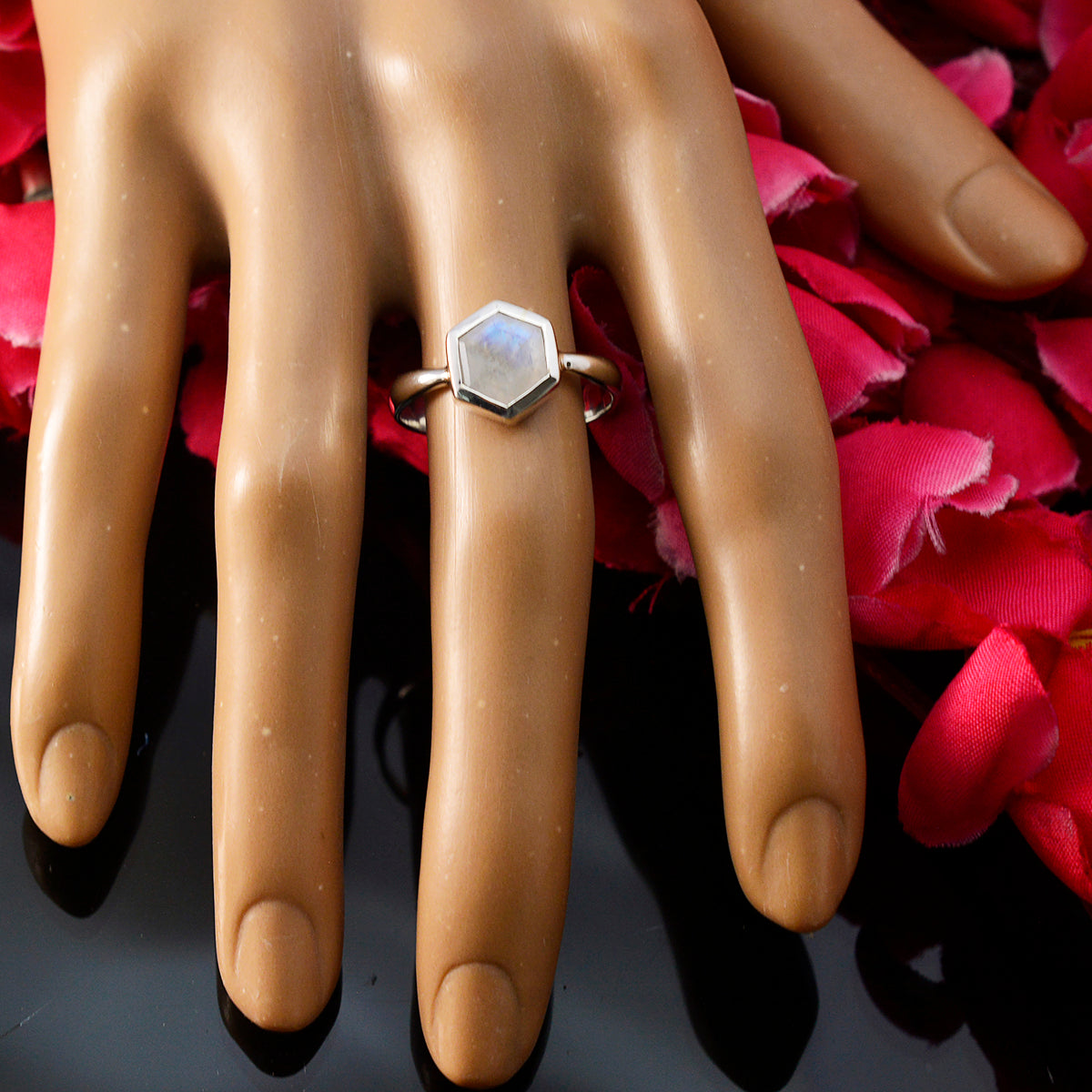 Rainbow Moonstone Solitaire Russian 92.5 Silver White Gemstones Featherlight Abstract Ring Jewellery