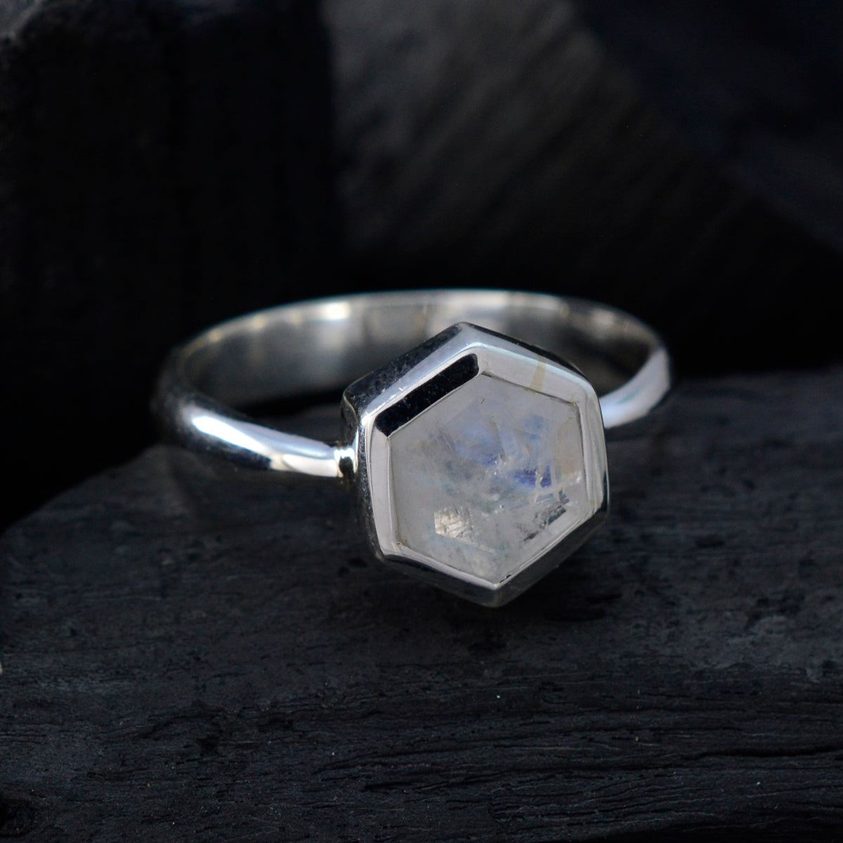 Rainbow Moonstone Solitaire Russian 92.5 Silver White Gemstones Featherlight Abstract Ring Jewellery