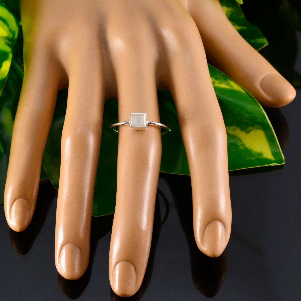 Rainbow Moonstone Solitaire Korean 92.5 Silver White Gemstones Elegant  Feminine Ring Jewellery