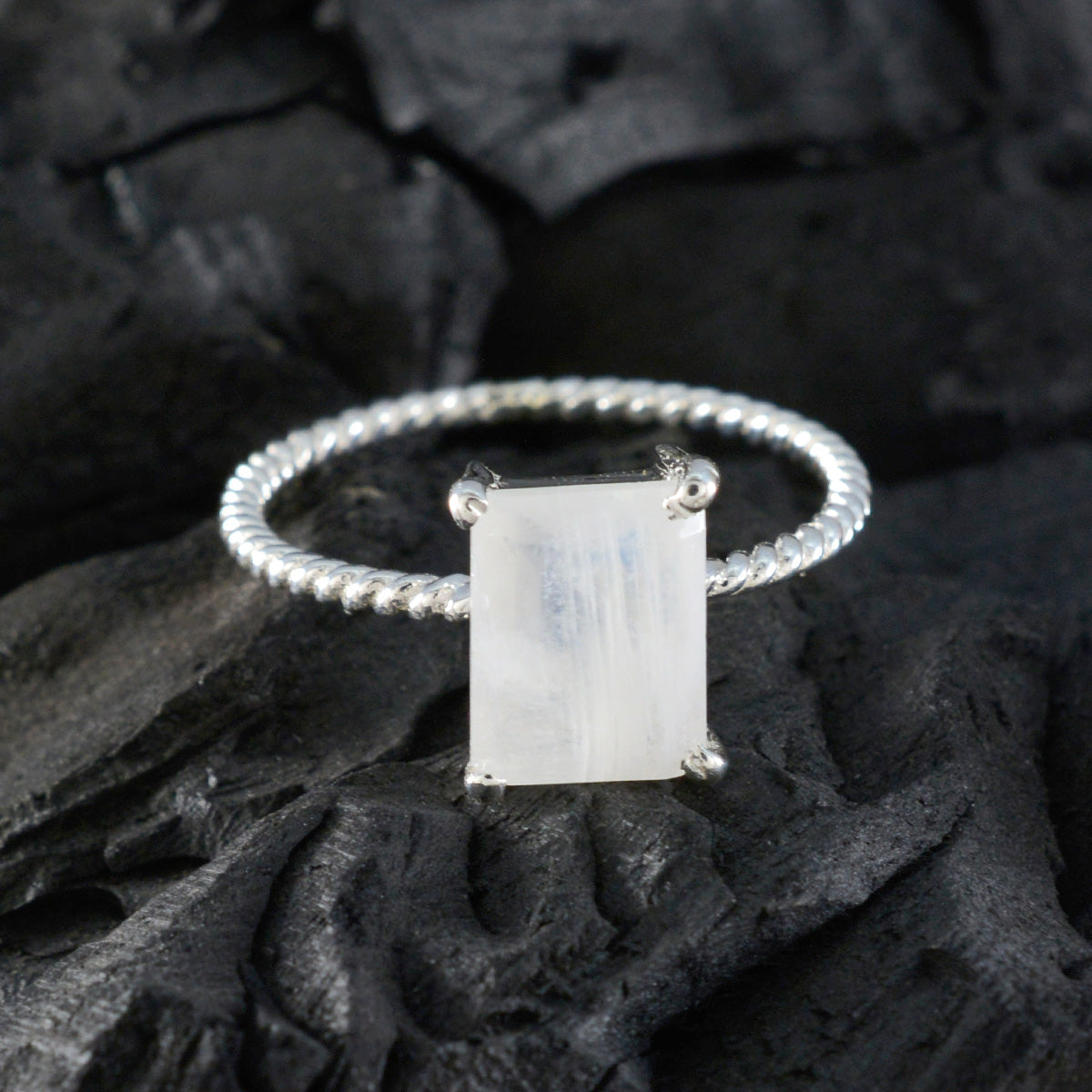 Rainbow Moonstone Solitaire Japanese Sterling Silver White Gemstone Delicate Twist Ring Jewelry