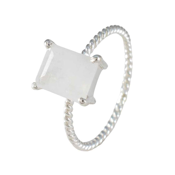 Rainbow Moonstone Solitaire Japanese Sterling Silver White Gemstone Delicate Twist Ring Jewelry