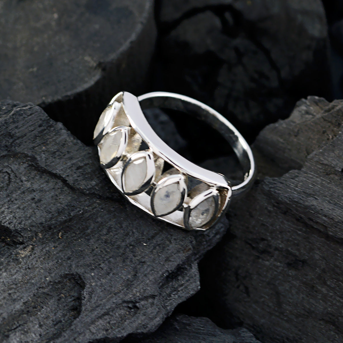 Rainbow Moonstone Penta African Silver White Gemstones Slim Artisan Ring Jewellery