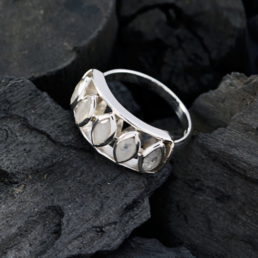 Rainbow Moonstone Penta African Silver White Gemstones Slim Artisan Ring Jewellery