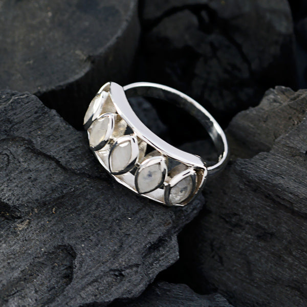 Rainbow Moonstone Penta African Silver White Gemstones Slim Artisan Ring Jewellery