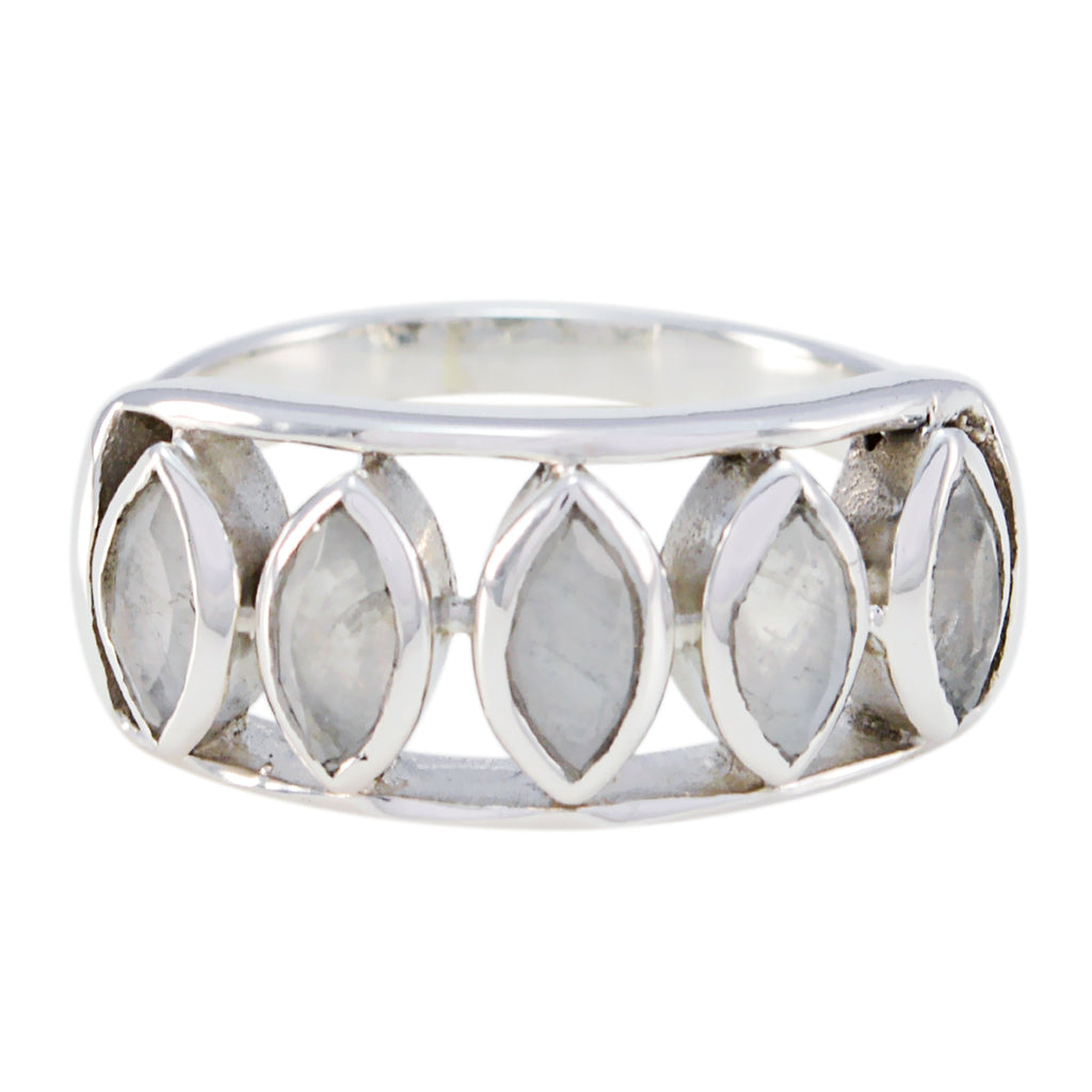 Rainbow Moonstone Penta African Silver White Gemstones Slim Artisan Ring Jewellery