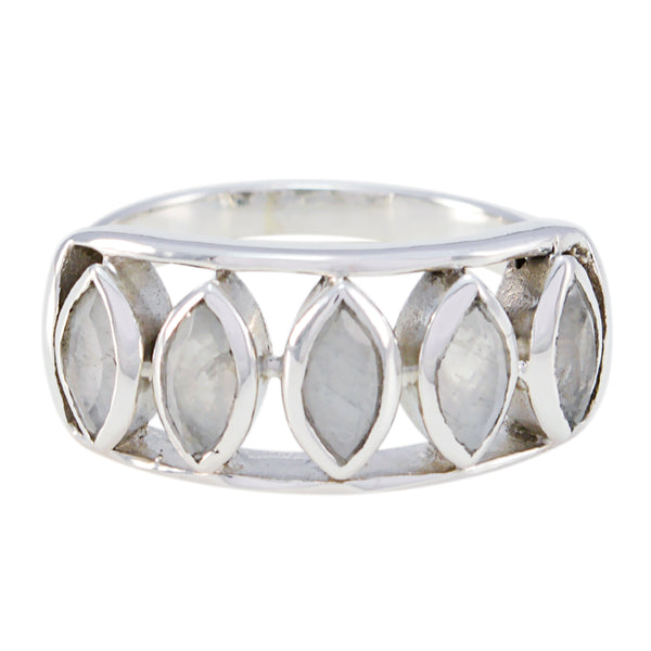 Rainbow Moonstone Penta African Silver White Gemstones Slim Artisan Ring Jewellery
