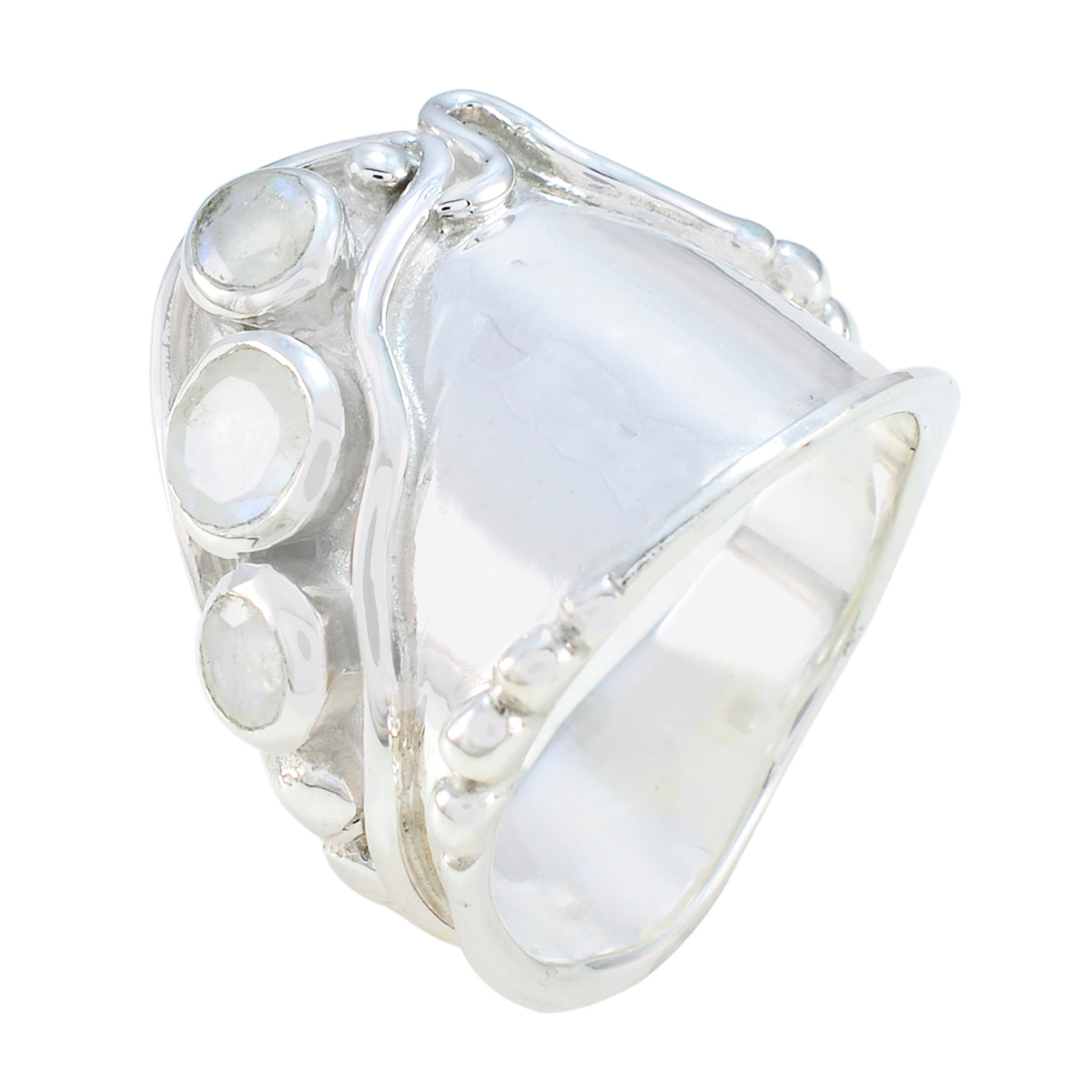 Anillo de moda esencial con trilogía de piedra lunar arcoíris en plata de ley 925 alemana y piedras preciosas blancas. Imagen secundaria del producto