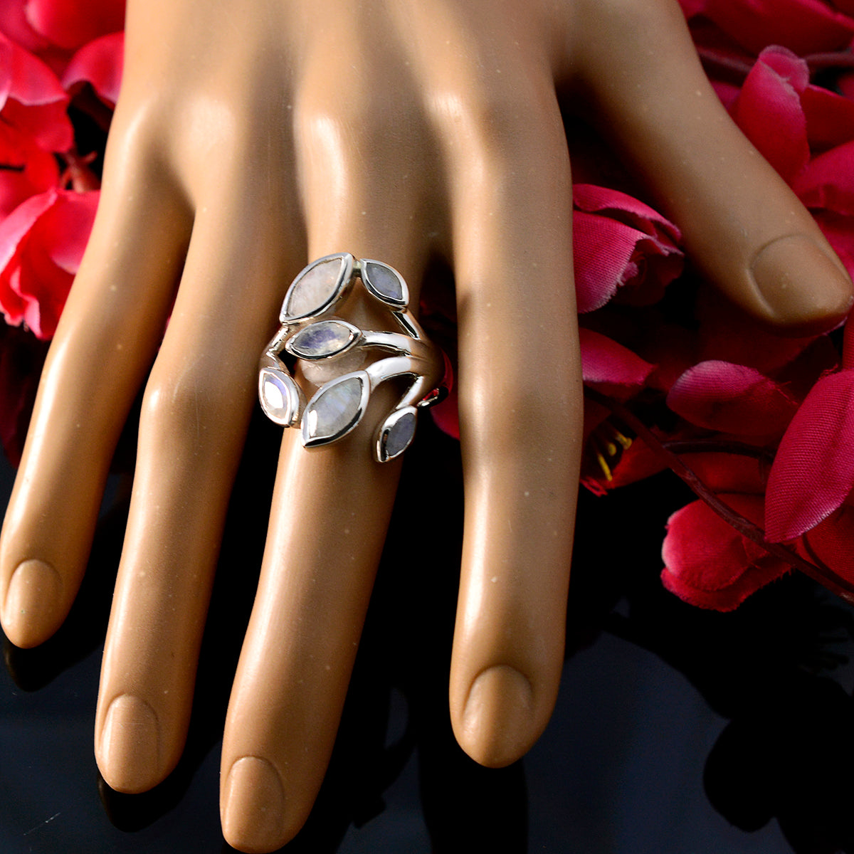 Rainbow Moonstone Hexa French 92.5 Silver White Gemstones Versatile Leafy Ring Jewelry