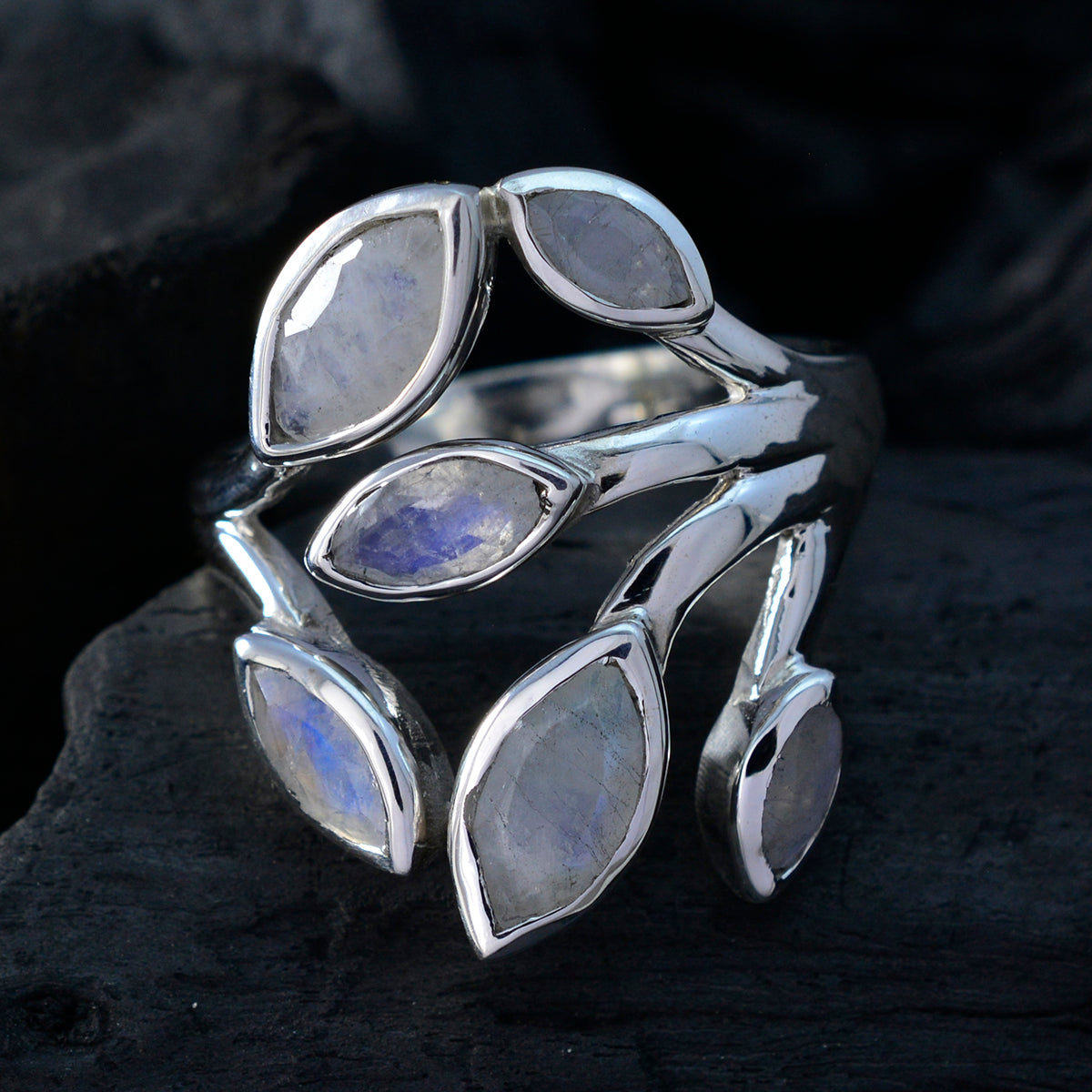 Rainbow Moonstone Hexa French 92.5 Silver White Gemstones Versatile Leafy Ring Jewelry
