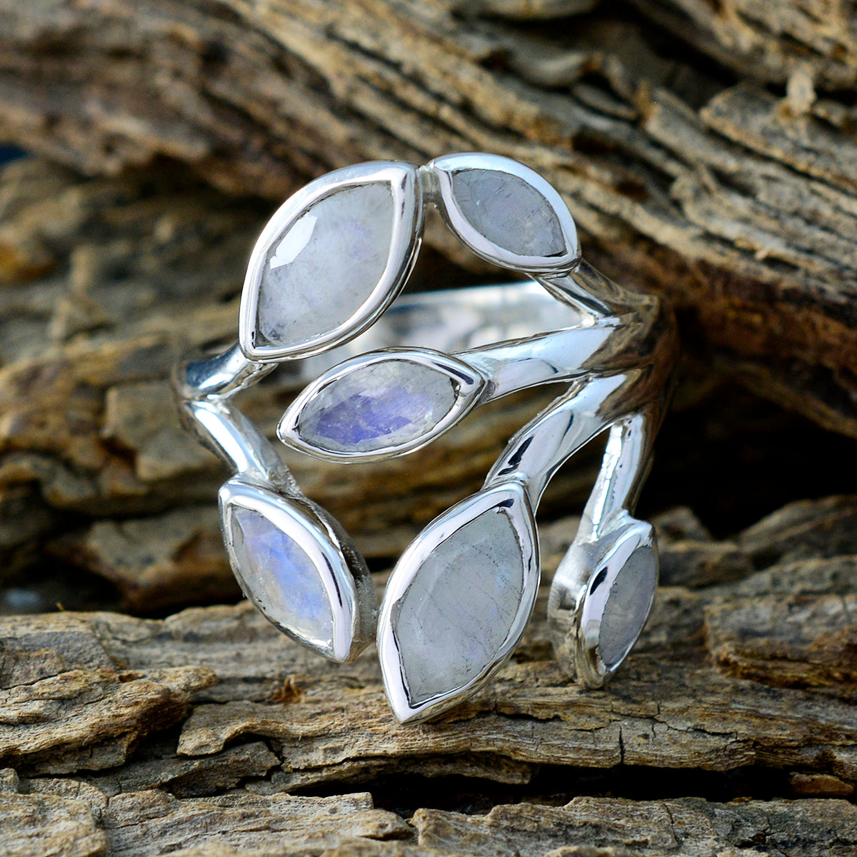 Rainbow Moonstone Hexa French 92.5 Silver White Gemstones Versatile Leafy Ring Jewelry