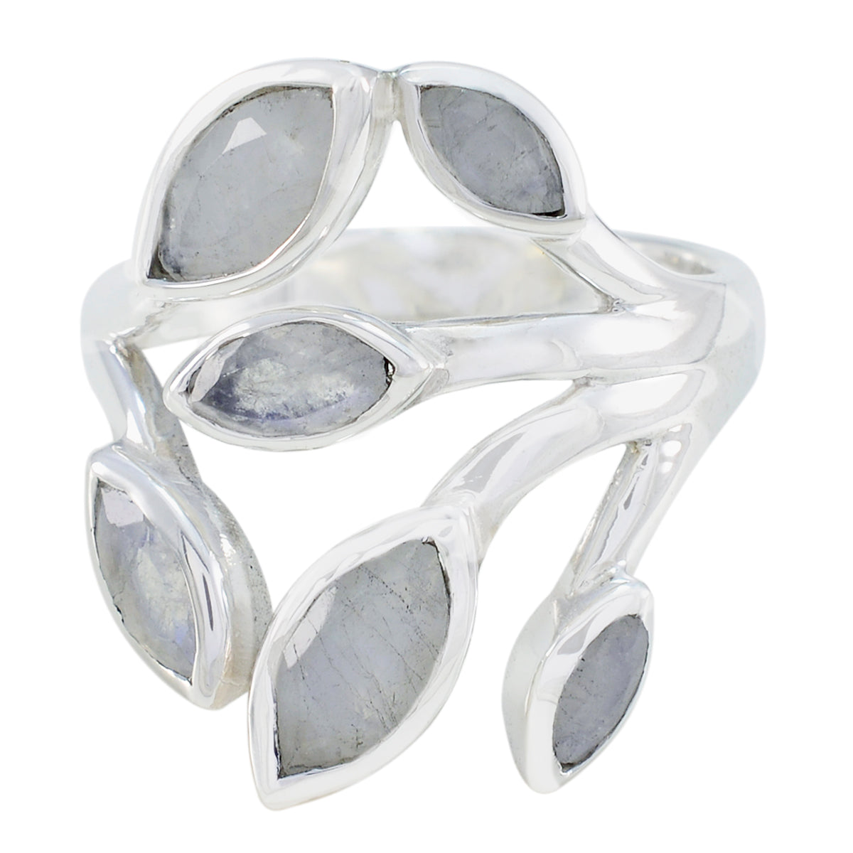 Rainbow Moonstone Hexa French 92.5 Silver White Gemstones Versatile Leafy Ring Jewelry